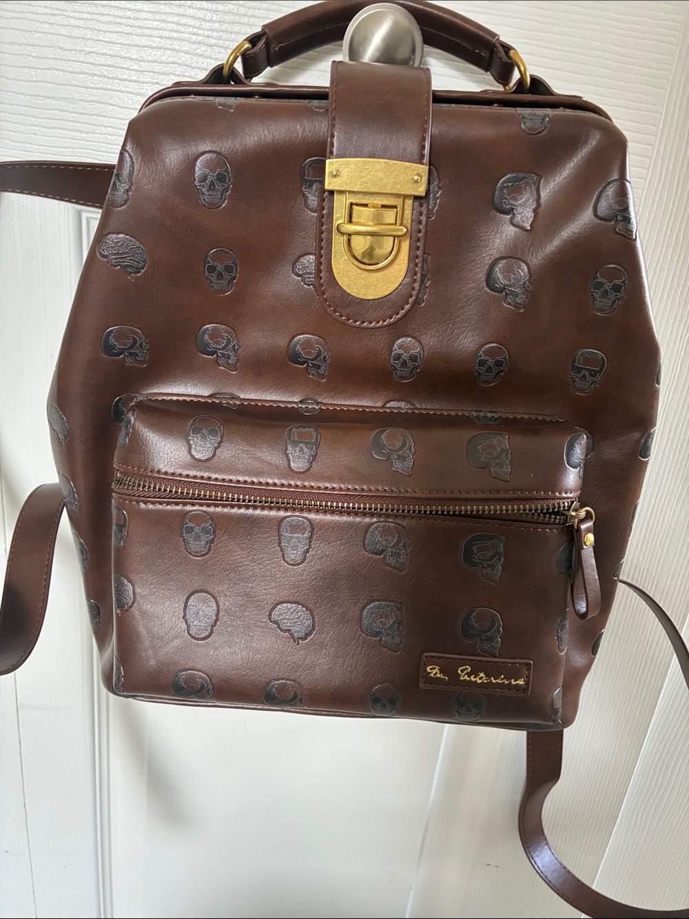 Brown Skull-Embossed Faux Leather Backpack with Gold Hardware